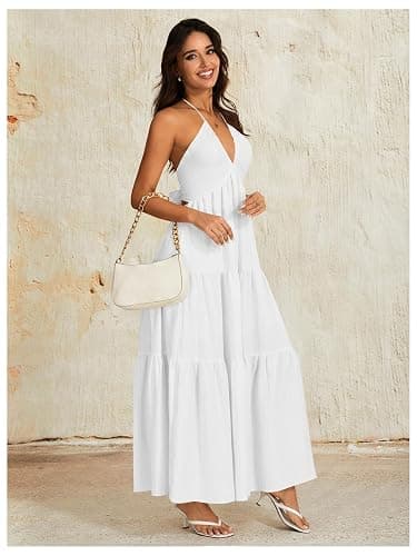 OYOANGLE Women's Summer Beach Halter Sundress Formal Wedding Guest Dress | Backless Flowy Dress, Vacation, Summer, Boho Maxi Dresses thumbnail 3