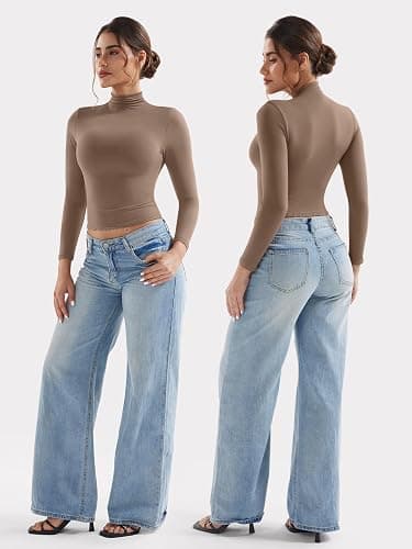 YEOREO Long Sleeve Workout Crop Mock Thermal Turtle Neck Double Lined Base Tops Shirts Women Sariah Y2k Undershirt thumbnail 5