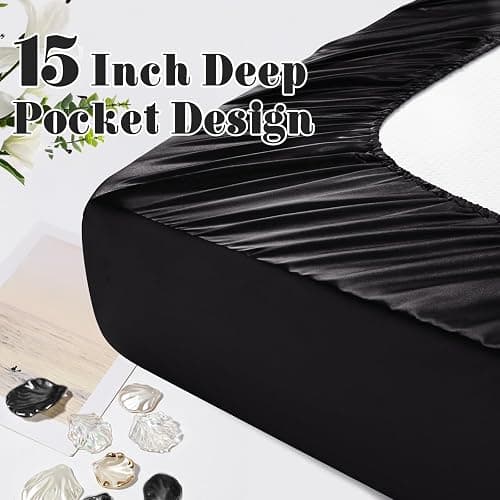 Homiest Ruffled Satin Sheets Full Size 6pc Set - Black Bed Sheet Set with 15 Inch Deep Pocket Fitted Sheet, 1 Flat Sheet, 2 Ruffled Pillow Shams & 2 Pillowcases, Similar to Silk Sheets thumbnail 7