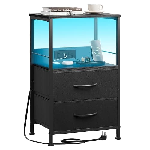 WLIVE LED Night Stand with Charging Station, Black Nightstand with 2 Fabric Drawers and Storage Shelf, Dorm Bedside Table End Table with 2 USB Ports and Outlets, Small Dresser for Bedroom - Image 1