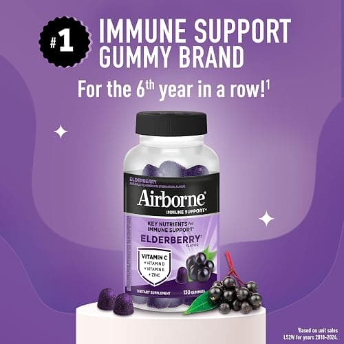 Airborne Elderberry + Zinc & Vitamin C Gummies for Adults, Immune Support with Antioxidants Vitamins C, D & E, 130 Count, Elderberry Flavor thumbnail 5