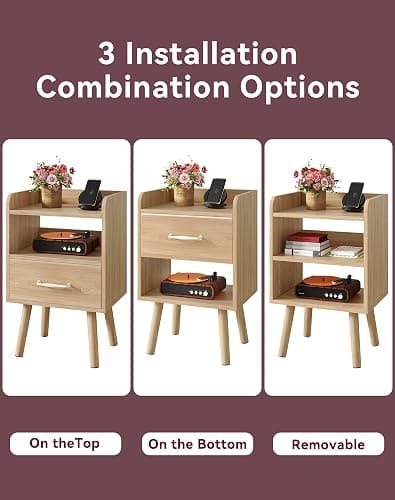 YMYNY Bedside Table Set of 2, Nightstand, Side Table, Wooden Sofa End Table with Fabric Drawer, Open Shelf, Solid Wood Legs, 15.35" x 11.42" x 24.41", for Bedroom, Natural UHST021N-2 thumbnail 9