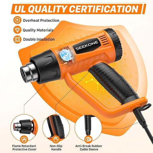 SEEKONE Heat Gun 1800W with 1112℉&752℉ 2 Temperature Settings for Crafting | 2-Speed Airflow 500/250L/min, Ergonomic Handle, Overheat Protection, 4 Nozzles For Vinyl Wrap, Shrink Wrap, Paint Removal thumbnail 4