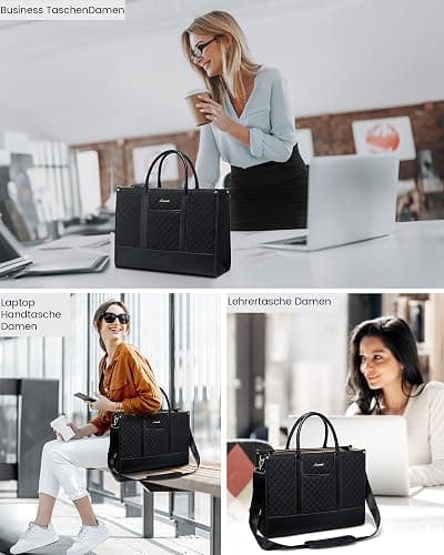 LOVEVOOK Laptoptasche Damen 15,6 Zoll, Wasserdicht Arbeitstasche Handtasche Groß Schultasche Shopper Business Tasche Aktentasche Lehrertasche, Leder Tote Bag Notebooktasche für Büro Uni Schwarz thumbnail 3