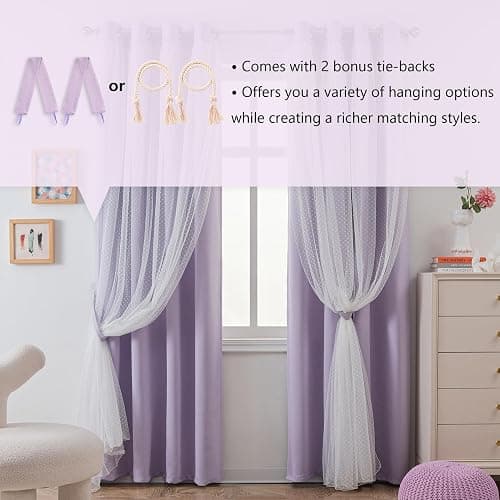 MYSKY HOME Cute Lilac Curtains for Girls Bedroom & Nursery Kids Purple Lavender Blackout Curtains Double Layer with Polka Dots Sheer, Grommet Tops, 52x84 Inch, 2 Panels thumbnail 8
