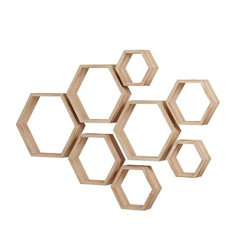 WONFUlity Hexagon Floating Shelves Honeycomb Shelves Wall Mounted Wood Farmhouse Storage Wall Shelf for Bathroom, Kitchen, Bedroom, Living Room,Driftwood Finish Wall Decor,Light Brwon - 8PC - Light Brown - Image 1