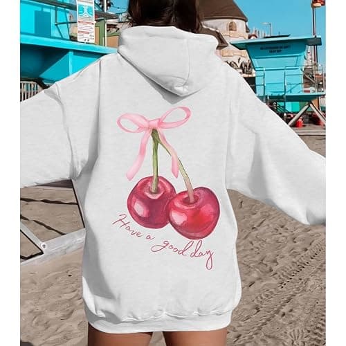 Tuislay Womens Cute Cherry Graphic Hoodie Ribbon Bow Printed Sweatshirt Drop Shoulder Aesthetic Pullover Hoodies With Pocket thumbnail 4