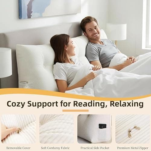 DVUAY Wedge Reading Pillow Headboard Twin Size, Headboard Bolster Pillow for Bed, Triangular Backrest Cushion with Removable Corduroy Cover, White thumbnail 4