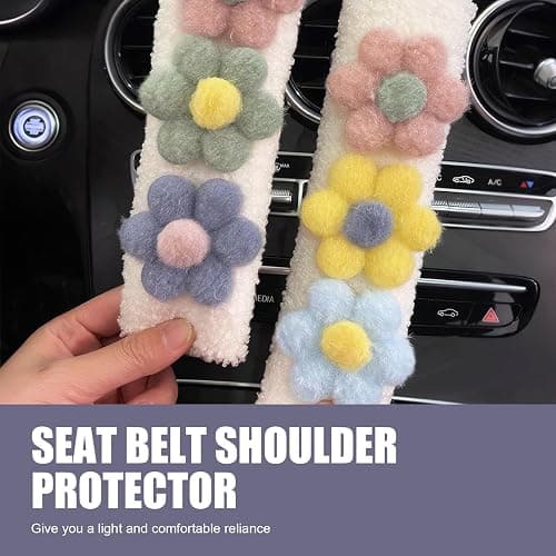Bawkars 2 PCS Car Seat Belt Cover Pads, Cute Flower Safety Seatbelt Covers Cushion, 9.4" x 2.5" Soft Plush Shoulder Strap Protector, Universal Seat Belt Cover for Adults and Kids (Purple)​ thumbnail 3
