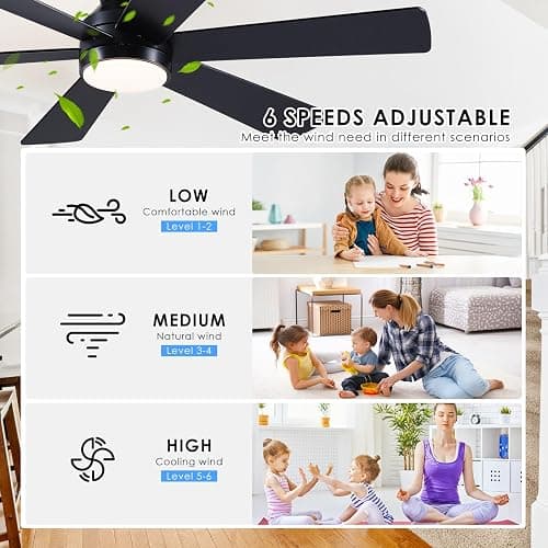 Asyko Ceiling Fans with Lights,46" Low Profile Ceiling Fan with Light and Remote Control,Flush Mount, Reversible, Dimmable, Noiseless, Black Ceiling Fan for Bedroom thumbnail 6