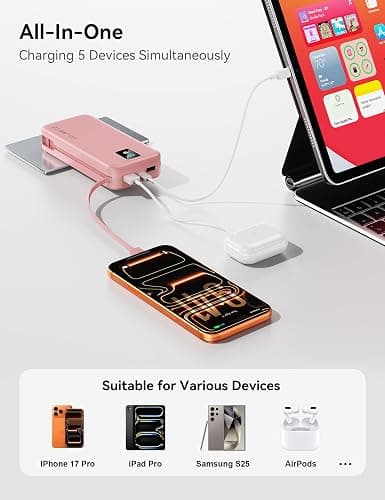 Rngsnoy Portable Charger 20000mAh 22.5W w/Built-in Cable & Wall Plug Pink | High capacity, Fast charging, Built-in cables & wall plug, LED display, Charge 5 devices at once, Pass through, TSA approved thumbnail 7