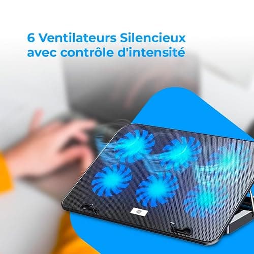 NK Base de Refroidissement Portable - Ventilateur pour Ordinateur Portable 12-17", Réglables en Hauteur, 6 Ventilateurs Silencieux, 2 Ports USB, Refroidissement Rapide, lumière LED Bleue - Noire thumbnail 4