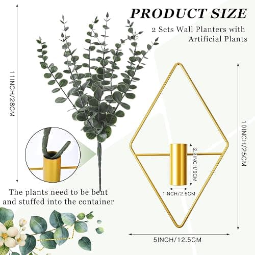 Jexine 4 Pcs Hanging Planters with Artificial Eucalyptus Metal Hanging Vase Indoor Plants Holder Modern Geometric Boho Bathroom Wall Decor for Living Room Home Office (Eucalyptus,Gold) thumbnail 3