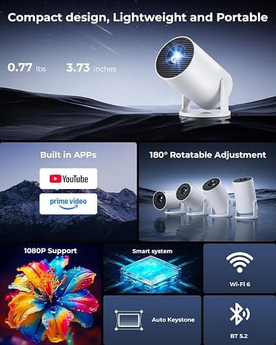 Mini Projector, Portable Projector with Wifi and Bluetooth, Built in Apps, Support 4K 1080P, 180° Rotation, Auto Keystone, Movie Projector Compatible With HDMI/USB/TV Stick/Smartphone/Laptop thumbnail 2