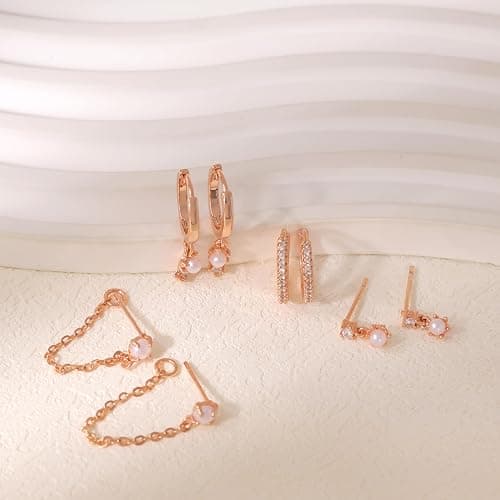 Gold Earrings for Women, 14k Gold Plated Dangle Huggie Earrings for Women Trendy Dainty Gold Hoop Earring Stacks Hypoallergenic Pearl Chain Drop Cartilage Earring Fashion Womens Jewelry thumbnail 6