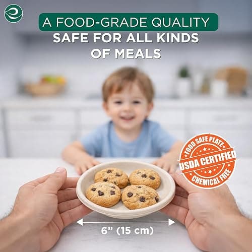ECO SOUL Compostable Paper Plates 6 Inch, 100 Pack – Small Disposable Dessert Plates, Heavy Duty, Natural Bagasse, Leak Resistant, Microwave Safe, Eco-Friendly Round Appetizer Plates for Party & BBQ thumbnail 2