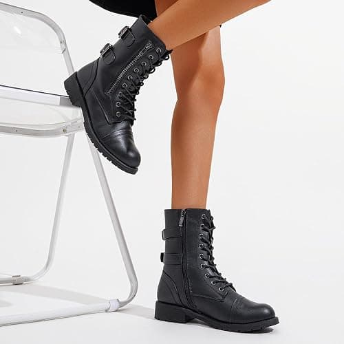 Vepose Women's Lace Up Mid Calf Combat Boots with Functional Pocket | Everyday moto style, functional zip pocket for cards and keys, low heel, inside zipper for city outfits and travel thumbnail 2