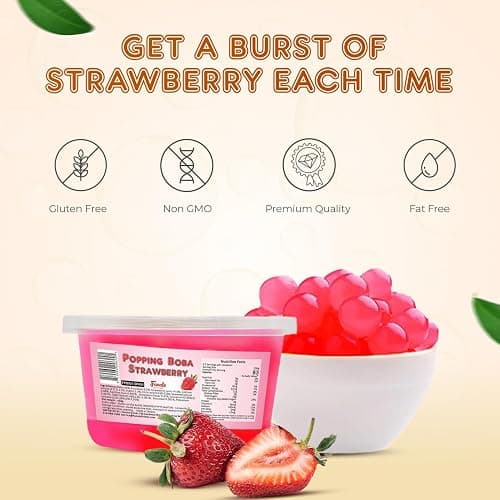 Fanale Strawberry Popping Boba Pearls, Vegan, Non GMO, Gluten Free, Fat Free, Perfect for Bubble Tea, Smoothies, Ice Cream, Desserts, and Beverages. thumbnail 4