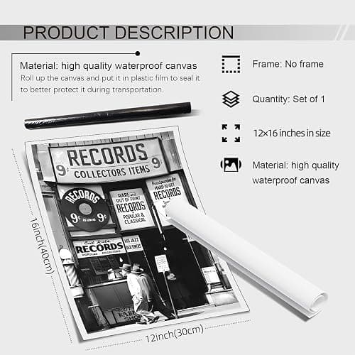 VERENIX Fashion Black And White Photography Wall Art Vintage Preppy Record Shop Poster Retro Trendy Music Art Aesthetic Canvas Print for Music Lovers Gifts 12x16 inch Unframed thumbnail 2