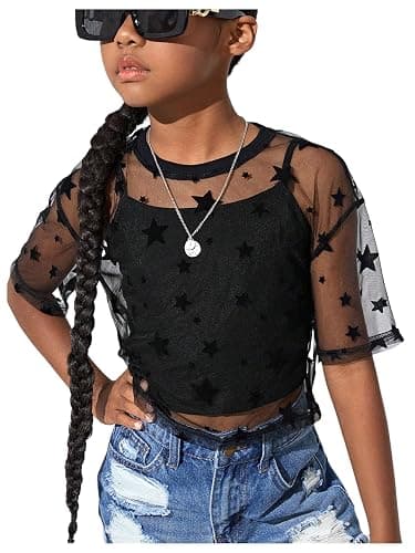 BEAUDRM Girl's 2 Piece Set Star Graphic Sheer Mesh Shirt Crew Neck Short Sleeve Crop Top with Camisole - Image 1