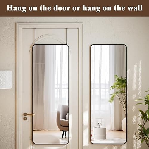 VooBang 14"x48" Full Length Over The Door Mirror - Aluminum Alloy Frame Full Body Mirror with Height-Adjustable Hangers, Hanging Leaning Against Wall for Dorm, Black thumbnail 3