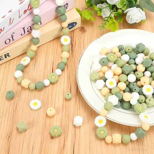 Whaline 100 Pcs Daisy Flower Silicone Beads Sage Green White Round Hexagon Loose Rubber Beads for DIY Crafts Jewelry Necklace Bracelet Keychain Making thumbnail 5