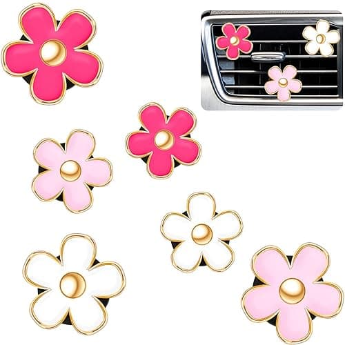 Frienda 6 Pcs Daisy Flower Air Vent Clip Accessories Air Conditioning Outlet Clip Car Air Freshener Dashboard Accessories Charm Car Inter Decor(3 cm, 3.3 cm,Red, Pink, White) - 1 Count (Pack of 6) - Red, Pink, White - Image 1