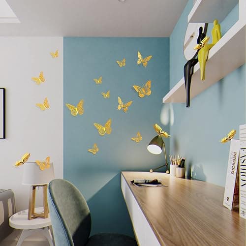 SAOROPEB 3D Butterfly Wall Decor 48 Pcs Gold Butterfly Birthday Decorations | 4 Styles 3 Sizes, for Butterfly Birthday Decorations Butterfly Party Decorations Cake Decorations, Removable Stickers thumbnail 4