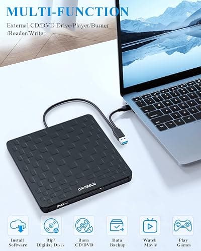 ORIGBELIE External CD DVD Drive for Laptop, USB 3.0 Type-C Ultra Slim 13mm DVD Player Portable CD DVD +/-RW Drive CD Burner Reader Writer Recorder for Desktop PC Windows 11/10/8/7 Linux Mac OS (Black) thumbnail 5