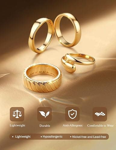 Chunky 14K Gold Plated Rings for Women Non Tarnish - 4Pcs 14K Thick Gold Plated Statement Rings Set Fashion Stackable Ring Trendy Waterproof Chunky Dome Ring thumbnail 2