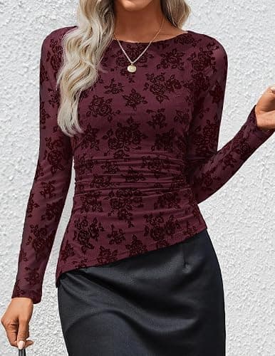 ZESICA Womens Floral Long Sleeve Shirts 2025 Fall Boat Neck Mesh Ruched Tops Fitted Asymmetrical Going Out Blouses thumbnail 7