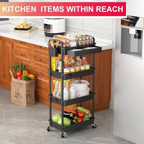 Goovilla 4 Tier Rolling Utility Cart Organizer with Removable Drawer, Stable and Sturdy Black Rolling Storage Carts with 2 Lockable Wheels for Bathroom, Kitchen, Snack, Craft, Makeup, Baby Essentials thumbnail 7