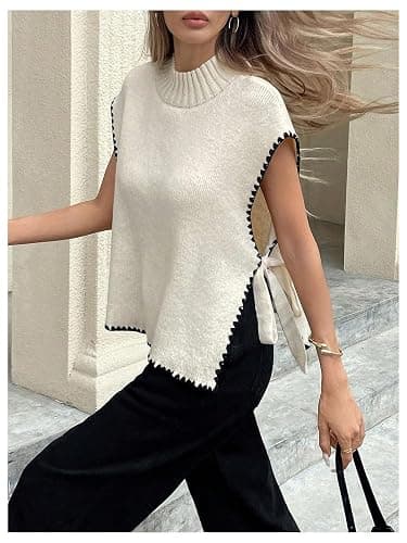 Verdusa Women's Old Money Sweater Tie Knot Slit Sweater Vest Mock Neck Cap Sleeve Lightweight Knit Tops thumbnail 6