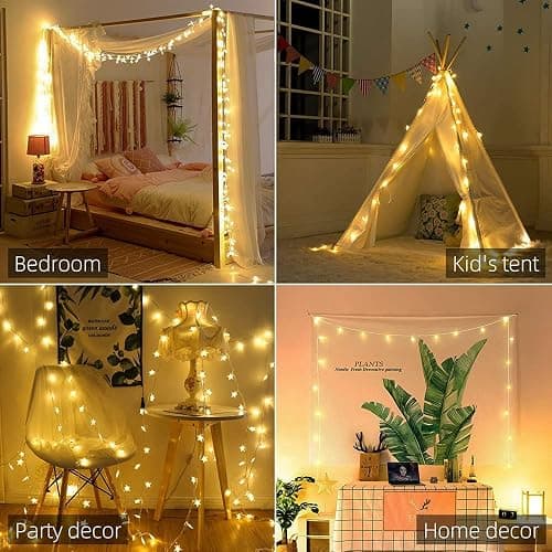 Minetom 33ft Plug in Star String Lights with Remote and Timer | 33ft Durable Wire, 100 LED Star Bulbs, Warm White Glow, Adjustable Brightness, Waterproof for Bedroom Porch Tent Indoor Décor thumbnail 4