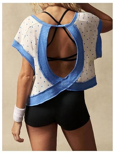 SOLY HUX Women's Polka Dots Open Back Workout Tops Short Sleeve Shirts | Crew Neck, Backless, Athletic Clothes, Yoga Gym Top, Summer Tops thumbnail 3