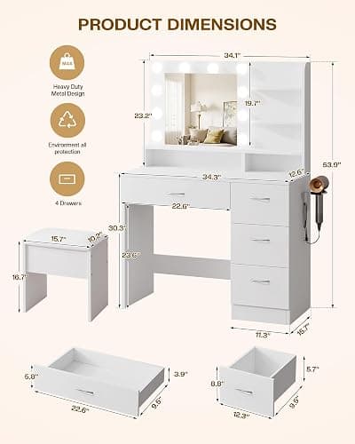 LIVELYGLOW White Makeup Vanity Desk with Charging Station & 4 Drawers | 10 LED Bulbs, HD Mirror, Cushioned Stool, Hairdryer Rack thumbnail 2