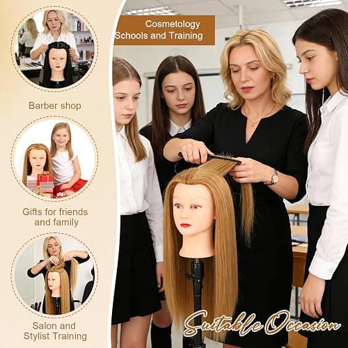 Mannequin Head with 80% Human Hair Face Mannequin Head for Hair styling Practice - Curling, Braiding, Cutting Multiple Hair Colors with Table Clamp Stand for Kids and Professionals 28inch thumbnail 7