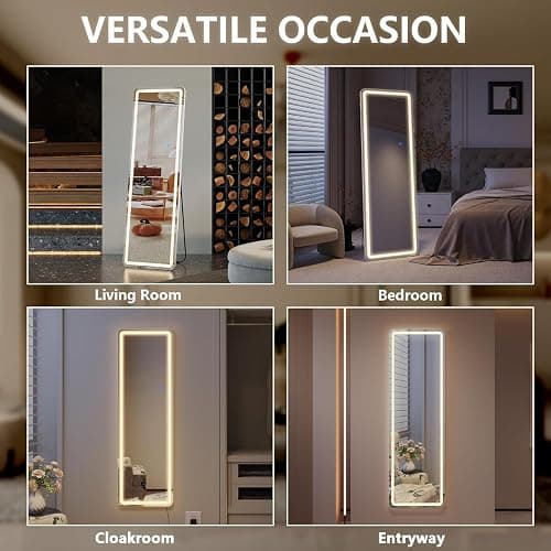ZKIODV Full Length Mirror with Lights, LED Full Body Mirror, Wall Mirror with 3 Colors & Dimmable Lighting, Floor Standing Mirror for Bedroom & Living Room, Aluminum Frame - White, 160 x 50 cm thumbnail 8