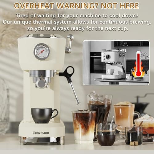 Brewmann Espresso Machine 20 Bar, Latte and Cappuccino Machine with Steam Milk Frother, Fast Heating, Professional Espresso Maker for Home, 42oz Removable Water Tank, Cream thumbnail 5