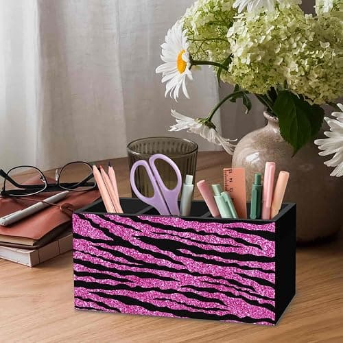 DILSJ Hot Pink Zebra Print Pen Pencil Holder Organizer for Desk, Mcbling Room Decor, Y2k Decor Mcbling Wooden Box Signs for Home Office Desk Tabletop Decoration thumbnail 4