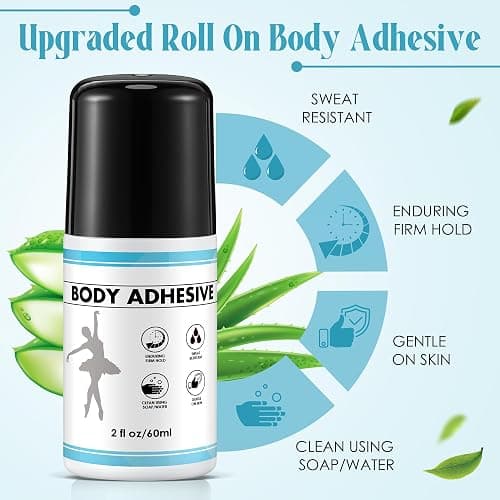 ElectricWise 1 Pcs Roll On Body Adhesive for Dancers, Sweat Resistant Water Wash Off Body Glue for Skin & Clothing, Fashion Butt Glue Applicator for Compression Stocking, Bras, Wig, Residue Free, 2oz thumbnail 2