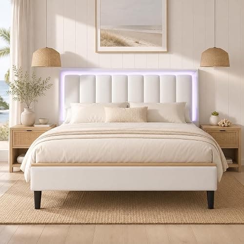 IMMERSTABLE Full Bed Frame with Headboard, RGB LED Bed, White | App-Controlled RGB Lights, Faux Leather Headboard, Wood Slat Support, No Box Spring Needed, Quiet Design, Easy Assembly - Image 1