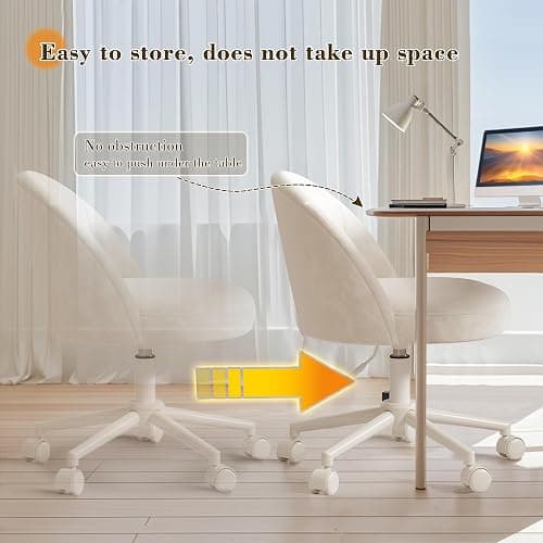 EnHomee Vanity Chair with Wheels, Small Office Chair with Back, Cute Armless Desk Chair for Makeup Room, Home Office,Bedroom, White thumbnail 9