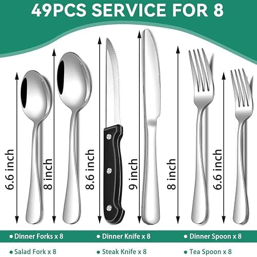 49-Piece Silverware Set with Organizer, Stainless Steel Flatware Utensils Set for 8, Forks and Spoons Silverware Set Cutlery Set with Steak Knives, Dishwasher Safe thumbnail 3