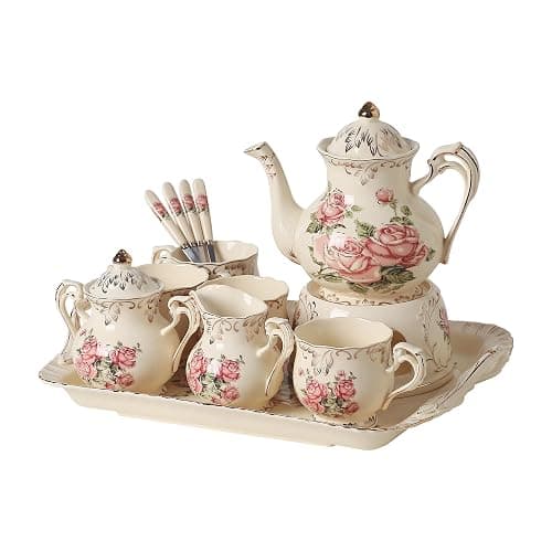 OptmAVth Ceramic Tea Set, 4 Cups and Spoons, One Sugar Bowl, One Milk Kettle, One Storage and Removeable Tray, for Home Party or Wedding Service, Pink Rose - Image 1