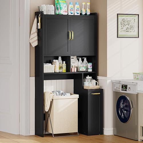 UPOSOJA Over The Toilet Storage Cabinet with Pulley Small Bathroom Storage Cabinet, Space Saver W/Adjustable Shelf & Open Shelf for Bathroom, Restroom, Laundry (Black) thumbnail 3