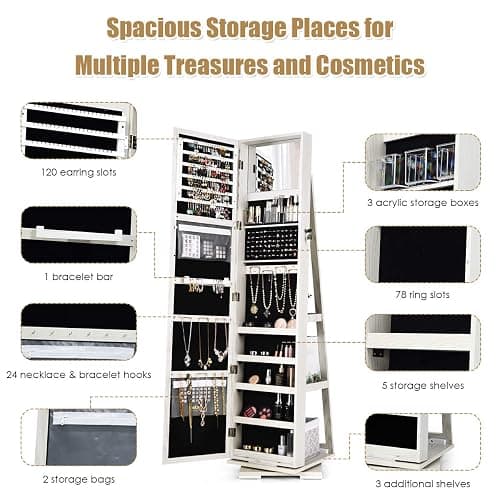 MAT EXPERT 360 Rotating Jewelry Armoire with Mirror, Freestanding Jewelry Storage Mirror w/78 Ring Slots, 24 Necklace Hooks, 120 Earring Slots, Lockable Jewelry Organizer for Makeup (White) thumbnail 4