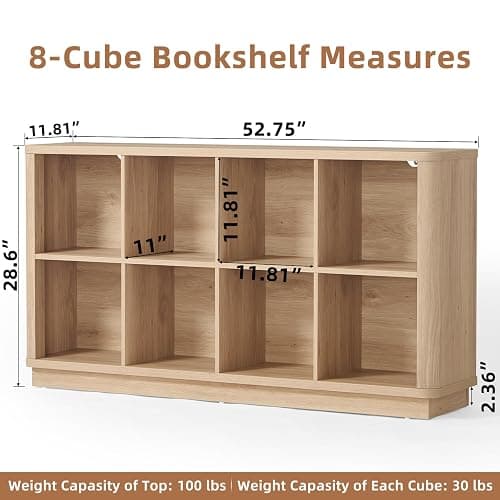 Joaxswe 8 Cube Storage Book Shelf, 52" Long Horizontal Bookshelf with Curved Edge, Floor Standing Wooden Cubby Bookcase with Base, Modern Low Console Book Case, TV Stand for Living Room, Natural Oak thumbnail 3