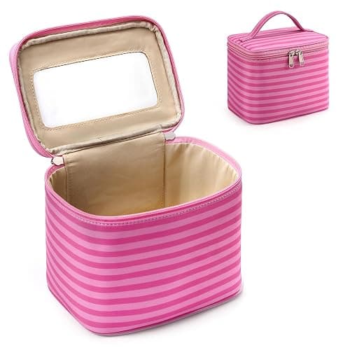 Hibilog Striped Makeup Bag with Built-in Mirror, Large Capacity Nylon Cosmetic Bag, Portable Travel Toiletry Organizer with Handle for Travel (Pink Stripe) - Image 1