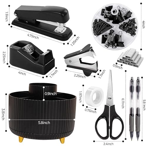 SKYDUE Black Office Supplies, Black Office Desk Accessories 10PCS, Pencil Holder for Desk, Stapler, Tape Dispenser, Scissors, Ruler, Clips and 1000pcs Staples, Desk Supplies Set thumbnail 6